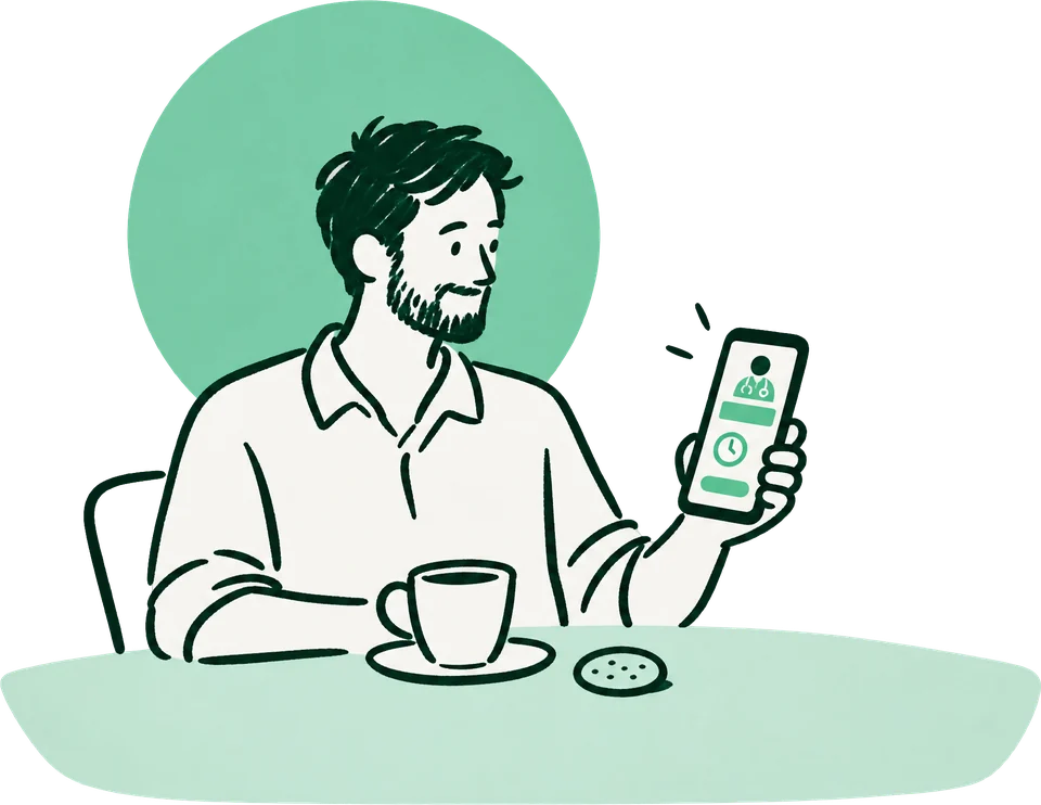 Illustration: Ein Mann sitzt mit Kaffee und einem Keks am Tisch und liest entspannt eine Praxis-Website auf dem Smartphone.