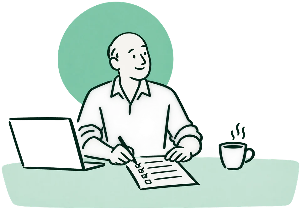 Illustration: Ein Praxismanager mit Glatze sitzt am Schreibtisch vor dem Laptop und hakt eine Checkliste ab, daneben eine Tasse Tee.