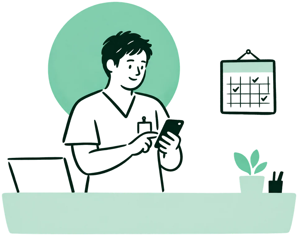 Illustration: Ein junger Medizinischer Fachangestellter steht am Empfang und ändert entspannt etwas auf dem Smartphone, daneben hängt ein Wandkalender mit Häkchen.