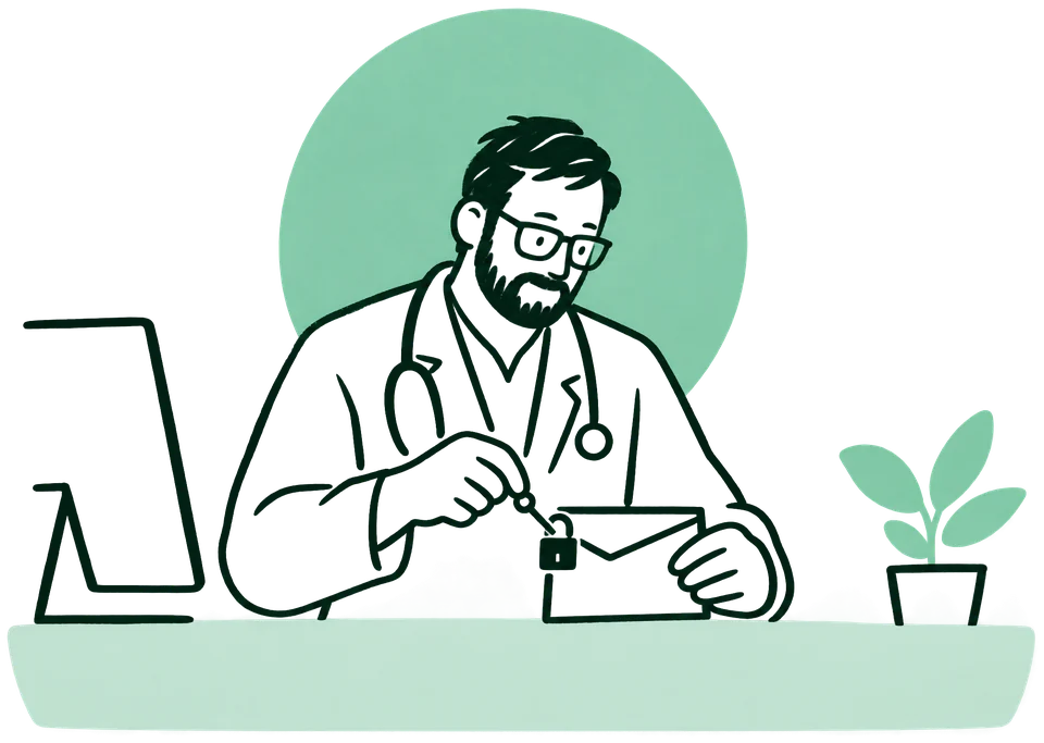 Illustration: Ein Arzt mit Brille und Bart sitzt am Schreibtisch und schließt mit einem kleinen Schlüssel das Vorhängeschloss an einem Briefumschlag auf.