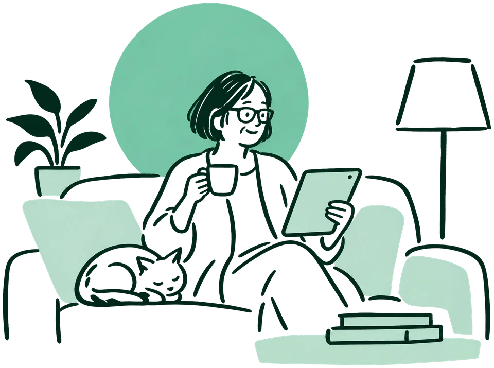 Illustration: Eine ältere Frau mit Brille sitzt mit einer Tasse Tee auf dem Sofa und bucht auf dem Tablet einen Arzttermin, neben ihr schläft eine Katze.