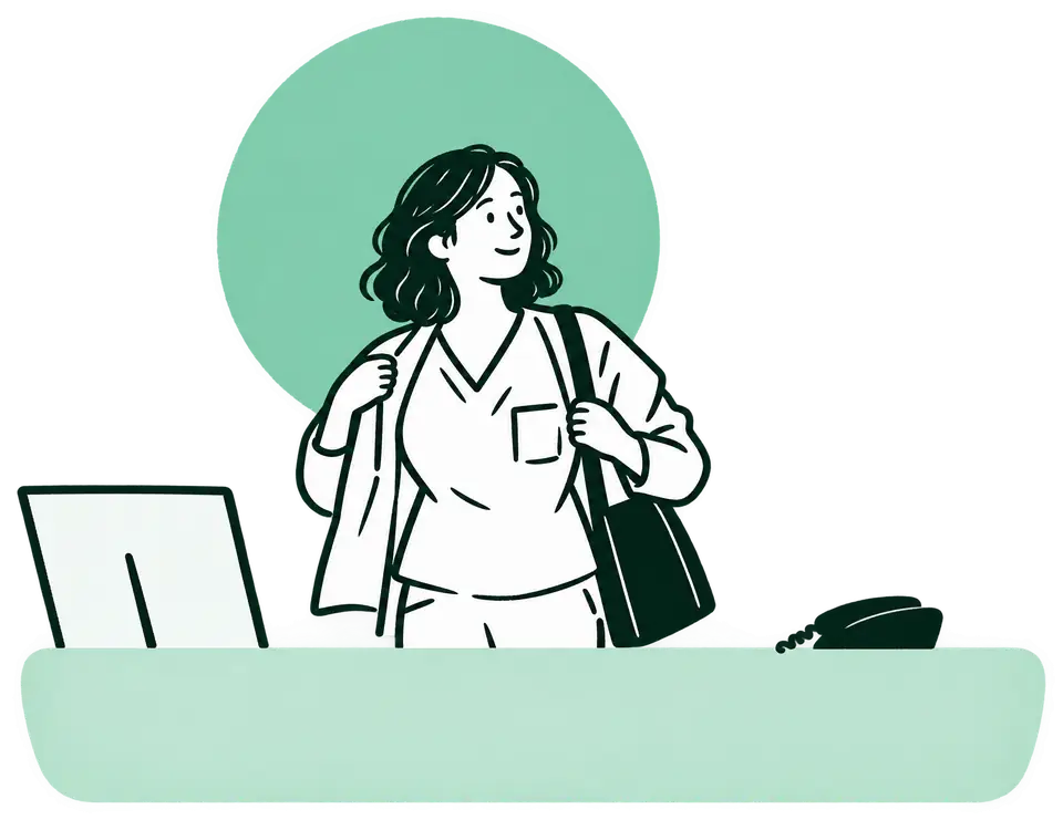Illustration: Eine Medizinische Fachangestellte zieht ihre Jacke an, das Telefon auf dem Tresen ist still.