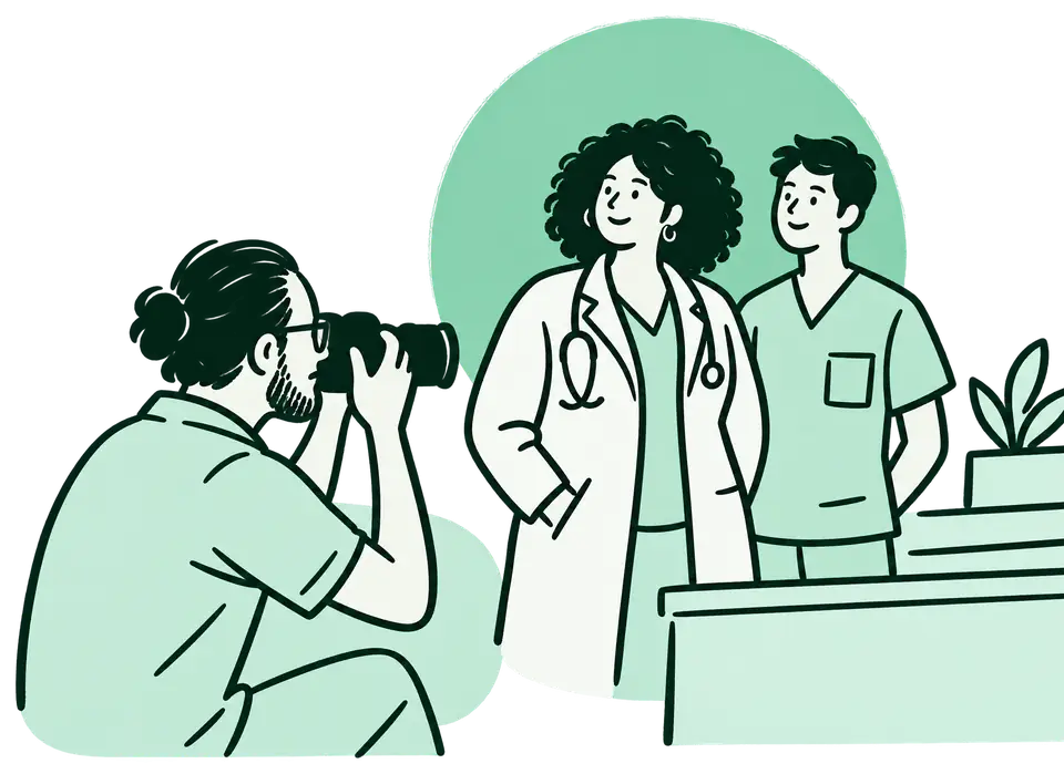 Illustration: Fotograf Steffen Runke fotografiert eine Ärztin und einen Medizinischen Fachangestellten am Empfang.