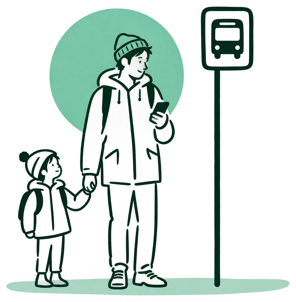 Illustration: Ein Vater mit Kind an der Bushaltestelle schaut auf sein Smartphone.