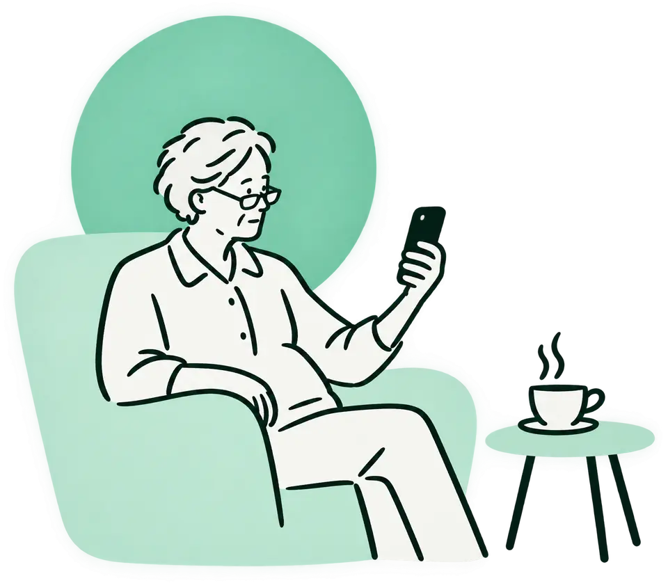 Illustration: Eine ältere Dame im Sessel liest konzentriert auf ihrem Smartphone.